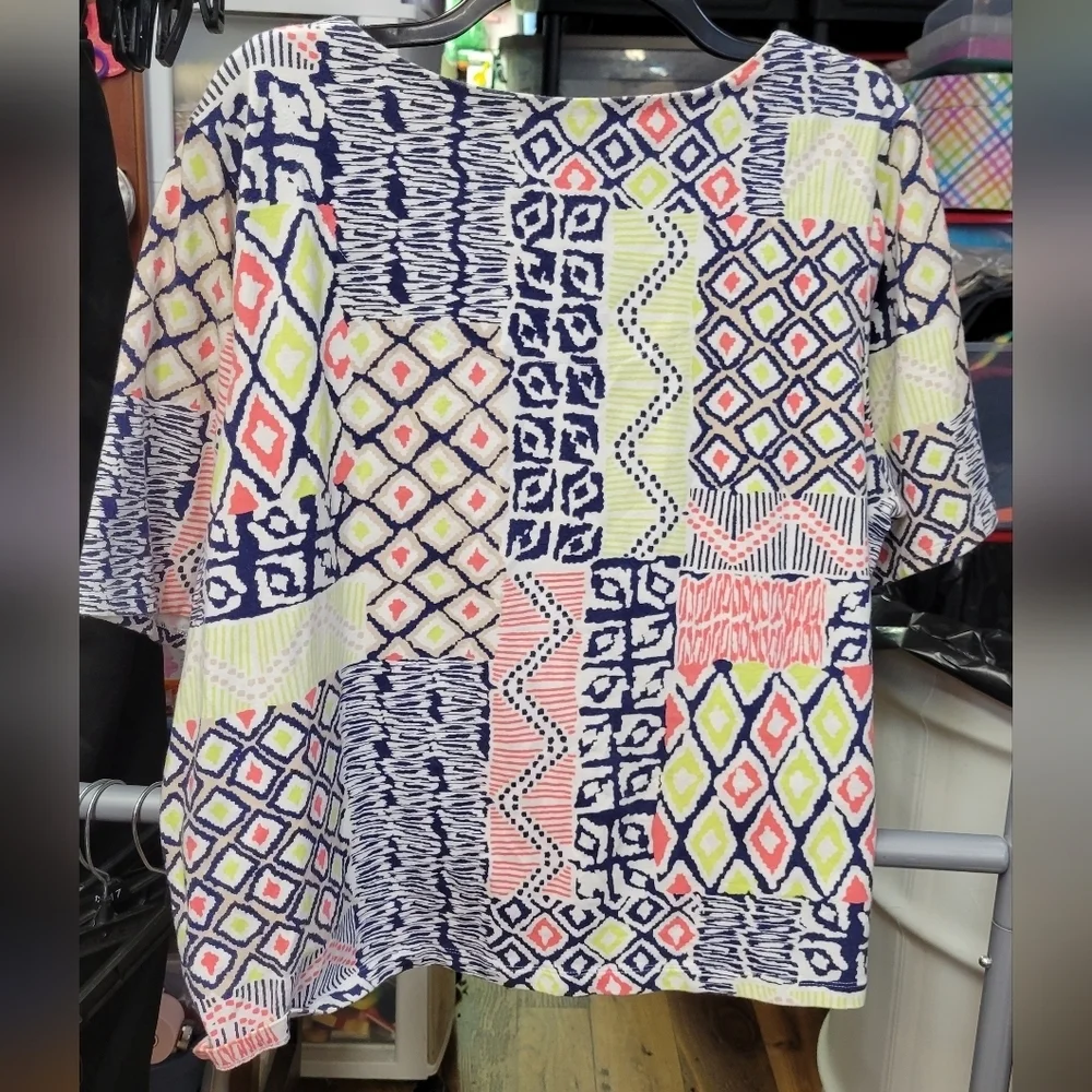 Ruby Rd. Geometric Pink Blue Green 2X Short Sleeve Top